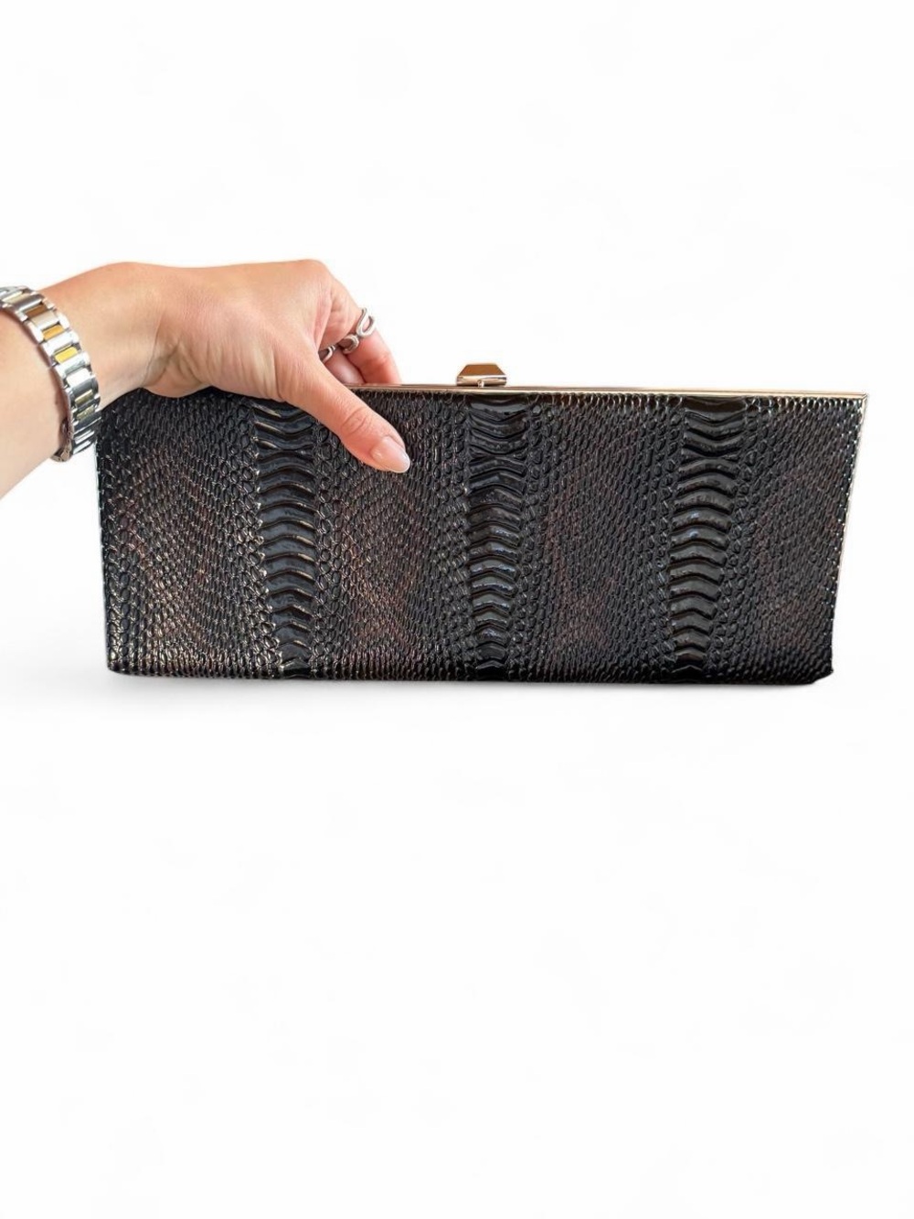 Black Textured Snake-Embossed Clutch Bag - Women's Evening Purse